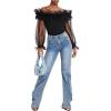 imageOYOANGLE Womens Ruffle Off Shoulder Blouse Mesh Puff Sleeve Party Tops Fitted Tee ShirtBlack