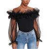 imageOYOANGLE Womens Ruffle Off Shoulder Blouse Mesh Puff Sleeve Party Tops Fitted Tee ShirtBlack