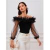 imageOYOANGLE Womens Ruffle Off Shoulder Blouse Mesh Puff Sleeve Party Tops Fitted Tee ShirtBlack