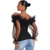 imageOYOANGLE Womens Ruffle Off Shoulder Blouse Mesh Puff Sleeve Party Tops Fitted Tee ShirtBlack