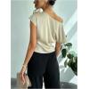 imageOYOANGLE Womens Satin 3D Flower One Shoulder Ruched Blouse Short Sleeve Elegant Work Office Shirt TopApricot