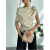 imageOYOANGLE Womens Satin 3D Flower One Shoulder Ruched Blouse Short Sleeve Elegant Work Office Shirt TopApricot