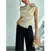 imageOYOANGLE Womens Satin 3D Flower One Shoulder Ruched Blouse Short Sleeve Elegant Work Office Shirt TopApricot