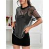 imageOYOANGLE Womens See Through Top Metallic Mesh Sheer Short Sleeve Rave TShirtBlack