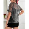 imageOYOANGLE Womens See Through Top Metallic Mesh Sheer Short Sleeve Rave TShirtBlack