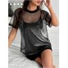 imageOYOANGLE Womens See Through Top Metallic Mesh Sheer Short Sleeve Rave TShirtBlack