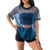 imageOYOANGLE Womens See Through Top Metallic Mesh Sheer Short Sleeve Rave TShirtBlue