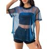 imageOYOANGLE Womens See Through Top Metallic Mesh Sheer Short Sleeve Rave TShirtBlue