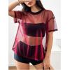 imageOYOANGLE Womens See Through Top Metallic Mesh Sheer Short Sleeve Rave TShirtHot Pink