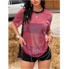 imageOYOANGLE Womens See Through Top Metallic Mesh Sheer Short Sleeve Rave TShirtPink