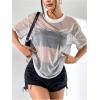 imageOYOANGLE Womens See Through Top Metallic Mesh Sheer Short Sleeve Rave TShirtWhite
