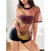 imageOYOANGLE Womens See Through Top Metallic Mesh Sheer Short Sleeve Rave TShirtYellow