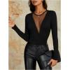 imageOYOANGLE Womens Slim Fit See Through Contrast Mesh Long Sleeve Tee TopsBlack