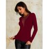 imageOYOANGLE Womens Slim Fit See Through Contrast Mesh Long Sleeve Tee TopsBurgundy