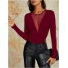 imageOYOANGLE Womens Slim Fit See Through Contrast Mesh Long Sleeve Tee TopsBurgundy