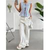 imageOYOANGLE Womens Striped Print Tie Front Bow Knot Crew Neck Sleeveless Tank Blouses Ruffle Peplum TopsBlue