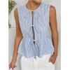 imageOYOANGLE Womens Striped Print Tie Front Bow Knot Crew Neck Sleeveless Tank Blouses Ruffle Peplum TopsBlue