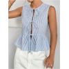 imageOYOANGLE Womens Striped Print Tie Front Bow Knot Crew Neck Sleeveless Tank Blouses Ruffle Peplum TopsBlue
