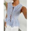 imageOYOANGLE Womens Striped Print Tie Front Bow Knot Crew Neck Sleeveless Tank Blouses Ruffle Peplum TopsBlue