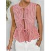 imageOYOANGLE Womens Striped Print Tie Front Bow Knot Crew Neck Sleeveless Tank Blouses Ruffle Peplum TopsRed