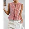 imageOYOANGLE Womens Striped Print Tie Front Bow Knot Crew Neck Sleeveless Tank Blouses Ruffle Peplum TopsRed