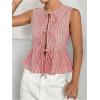 imageOYOANGLE Womens Striped Print Tie Front Bow Knot Crew Neck Sleeveless Tank Blouses Ruffle Peplum TopsRed