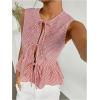 imageOYOANGLE Womens Striped Print Tie Front Bow Knot Crew Neck Sleeveless Tank Blouses Ruffle Peplum TopsRed