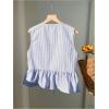 imageOYOANGLE Womens Striped Print Tie Front Bow Knot Crew Neck Sleeveless Tank Blouses Ruffle Peplum TopsRoyal Blue