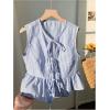 imageOYOANGLE Womens Striped Print Tie Front Bow Knot Crew Neck Sleeveless Tank Blouses Ruffle Peplum TopsRoyal Blue