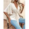 imageOYOANGLE Womens Textured Wrap V Neck Ruffle Short Sleeve Ruched Blouse Tie Front Tunic TopsBeige