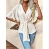 imageOYOANGLE Womens Textured Wrap V Neck Ruffle Short Sleeve Ruched Blouse Tie Front Tunic TopsBeige