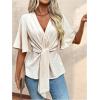 imageOYOANGLE Womens Textured Wrap V Neck Ruffle Short Sleeve Ruched Blouse Tie Front Tunic TopsBeige