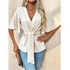 imageOYOANGLE Womens Textured Wrap V Neck Ruffle Short Sleeve Ruched Blouse Tie Front Tunic TopsBeige