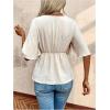 imageOYOANGLE Womens Textured Wrap V Neck Ruffle Short Sleeve Ruched Blouse Tie Front Tunic TopsBeige