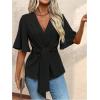 imageOYOANGLE Womens Textured Wrap V Neck Ruffle Short Sleeve Ruched Blouse Tie Front Tunic TopsBlack