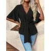 imageOYOANGLE Womens Textured Wrap V Neck Ruffle Short Sleeve Ruched Blouse Tie Front Tunic TopsBlack
