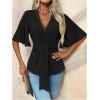 imageOYOANGLE Womens Textured Wrap V Neck Ruffle Short Sleeve Ruched Blouse Tie Front Tunic TopsBlack
