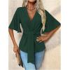 imageOYOANGLE Womens Textured Wrap V Neck Ruffle Short Sleeve Ruched Blouse Tie Front Tunic TopsDark Green