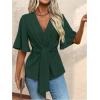 imageOYOANGLE Womens Textured Wrap V Neck Ruffle Short Sleeve Ruched Blouse Tie Front Tunic TopsDark Green