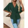 imageOYOANGLE Womens Textured Wrap V Neck Ruffle Short Sleeve Ruched Blouse Tie Front Tunic TopsDark Green