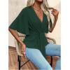 imageOYOANGLE Womens Textured Wrap V Neck Ruffle Short Sleeve Ruched Blouse Tie Front Tunic TopsDark Green