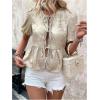imageOYOANGLE Womens Tie Front Babydoll Blouses Crew Neck Puff Short Sleeve Ruffle Hem Peplum TopApricot