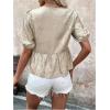 imageOYOANGLE Womens Tie Front Babydoll Blouses Crew Neck Puff Short Sleeve Ruffle Hem Peplum TopApricot
