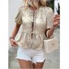 imageOYOANGLE Womens Tie Front Babydoll Blouses Crew Neck Puff Short Sleeve Ruffle Hem Peplum TopApricot
