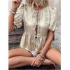 imageOYOANGLE Womens Tie Front Babydoll Blouses Crew Neck Puff Short Sleeve Ruffle Hem Peplum TopApricot