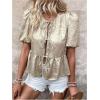 imageOYOANGLE Womens Tie Front Babydoll Blouses Crew Neck Puff Short Sleeve Ruffle Hem Peplum TopApricot
