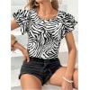 imageOYOANGLE Womens Zebra Print Crew Neck Ruffle Cap Sleeve Blouses Elegant Casual Shirt TopsBlack and White