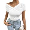 imageOYOANGLE Womens Asymmetrical Neck Ruched Short Sleeve TShirt Summer Trendy Tee TopsWhite