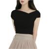 imageOYOANGLE Womens Asymmetrical Neck Short Sleeve TShirts Ruched Tight ShirtsBlack