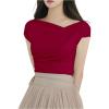 imageOYOANGLE Womens Asymmetrical Neck Short Sleeve TShirts Ruched Tight ShirtsRed